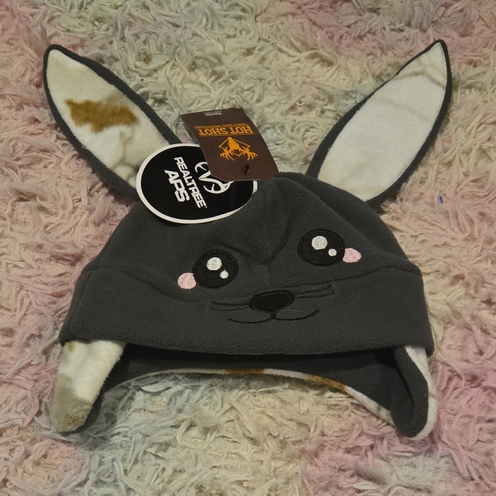 Gray Bunny Ear Hat with Cute Face